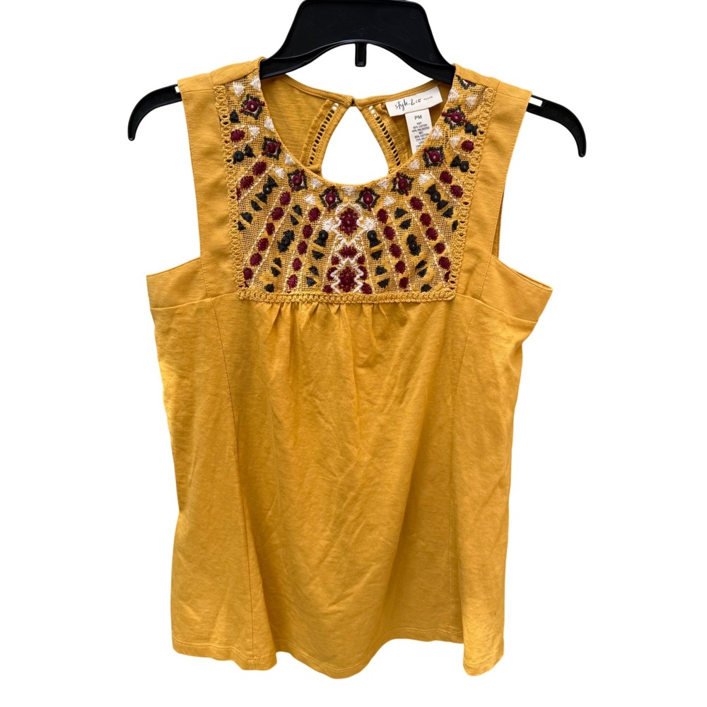 Petite MEDIUM Mustard Yellow Embroidered‎ Sleeveless Top Boho Tank AZTEC WESTERN